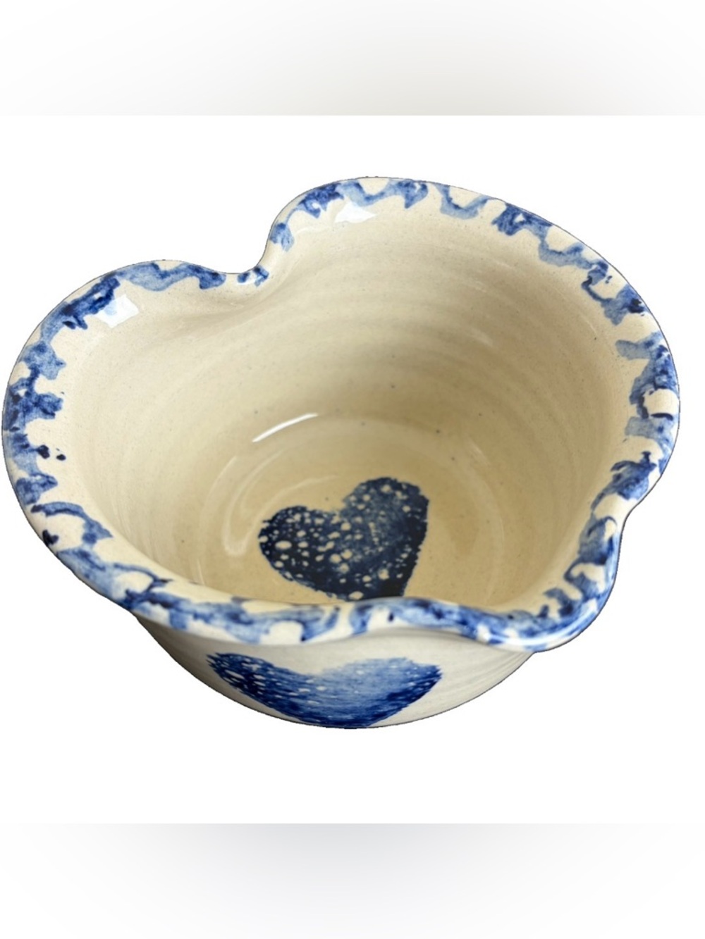 VTG Marshall Pottery Blue Spongeware Heart Bowl Texas Studio Art Signed 1999 5”